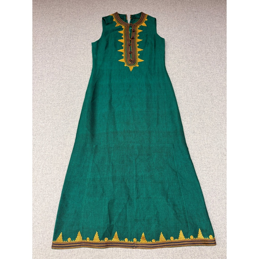 Unbranded Sleeveless Maxi Kaftan Dress Large Green Gold Embroidered Frog Button
